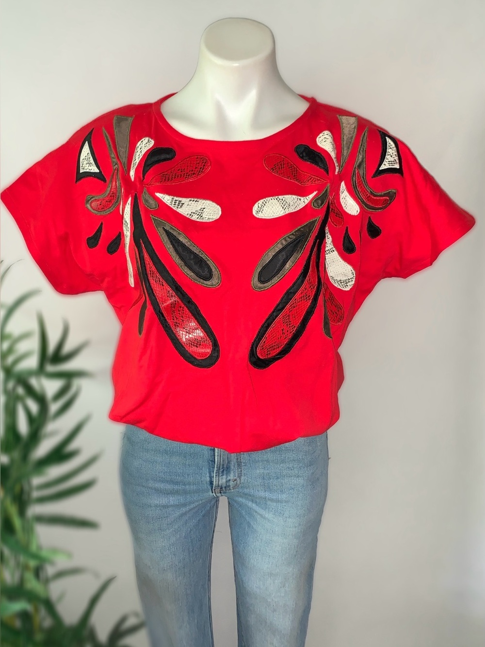 v i n t a g e :: Funky 80s Leather Patch Top Disco Embellished NOS